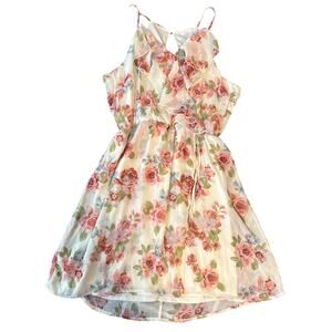 Blush Pink Floral Ruffle Dress – Flowy Sleeveless Boho Sundress Size M